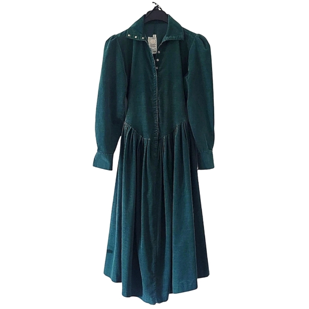 80's Norma Kamali Drop Waist Puff Sleeve Green Corduroy Button Down Dress Small - Picture 5 of 12
